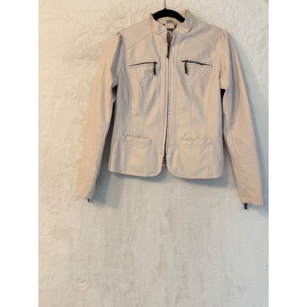 Joujou Faux Leather Jacket Womens Medium Cream Moto Zip Up Puff Shoulder Zebra